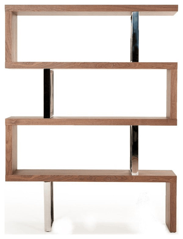 67" Walnut Manufactured Wood Four Tier Zig Zag Bookcase