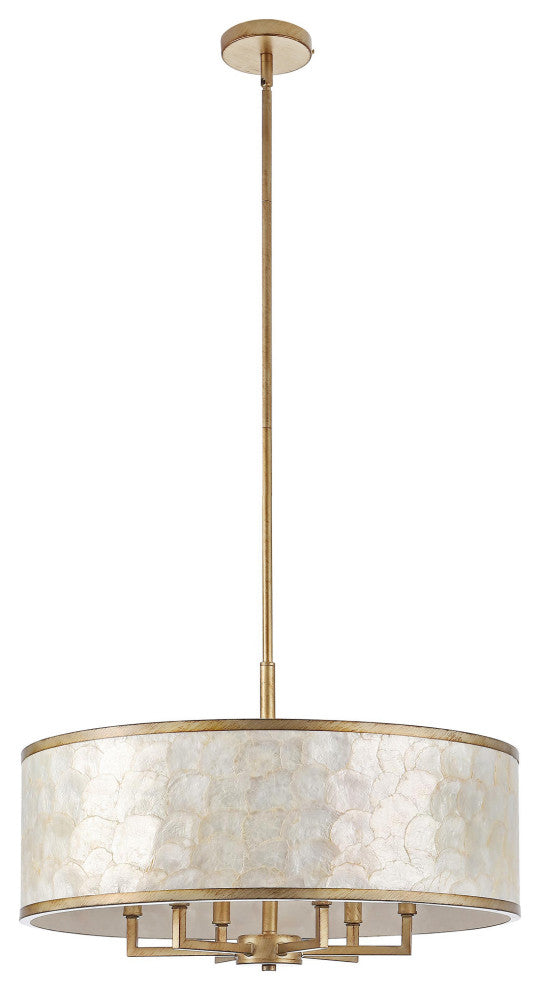 GetLedel 24" 6-Light Capiz Shell Drum Chandelier, Distressed Gold