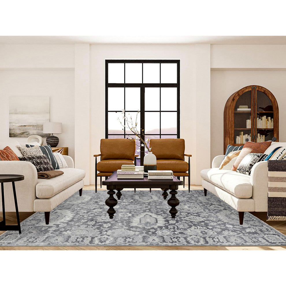 Charcoal Gray Silk/Textured Wool Hand Knotted Oushak Influence Rug, 7'10"x10'2"