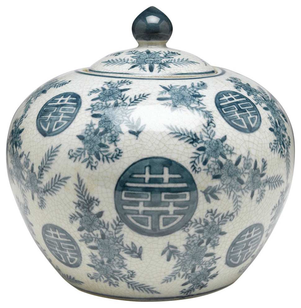 Blue and White Round Jar With Lid