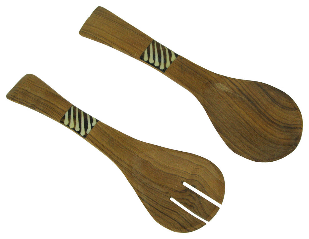 Hand Carved Wood and Bone Flat Handle Salad Server Set