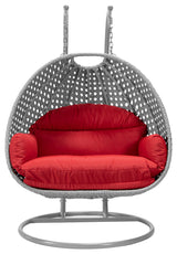 LeisureMod Mendoza Light Gray Wicker Hanging Double Egg Swing Chair, Red