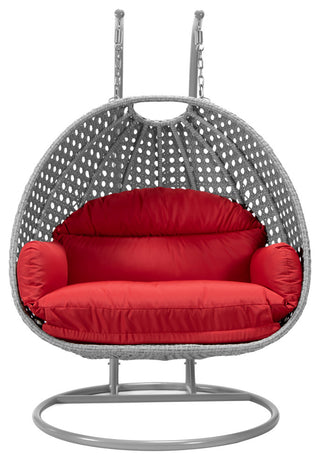 LeisureMod Mendoza Light Gray Wicker Hanging Double Egg Swing Chair, Red