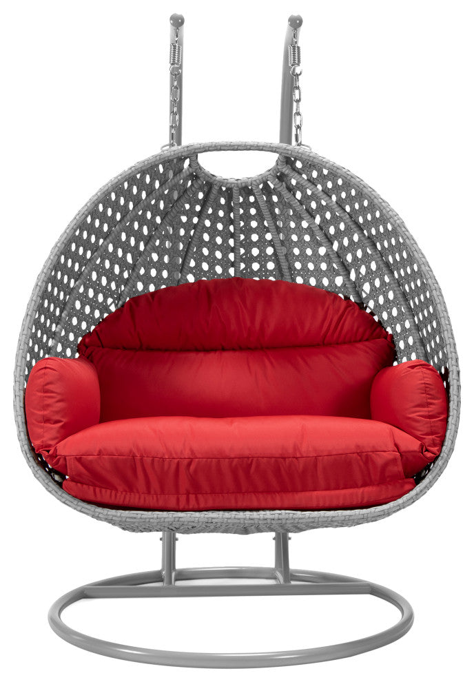 LeisureMod Mendoza Light Gray Wicker Hanging Double Egg Swing Chair, Red