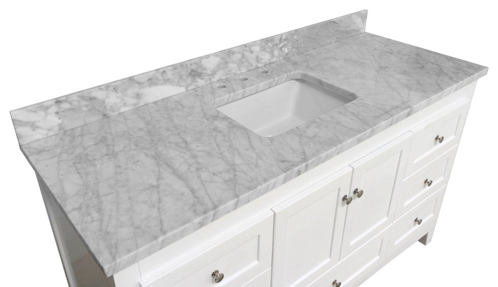 Abbey 60" Bath Vanity, Base: White, Top: Carrara Marble, Single Vanity