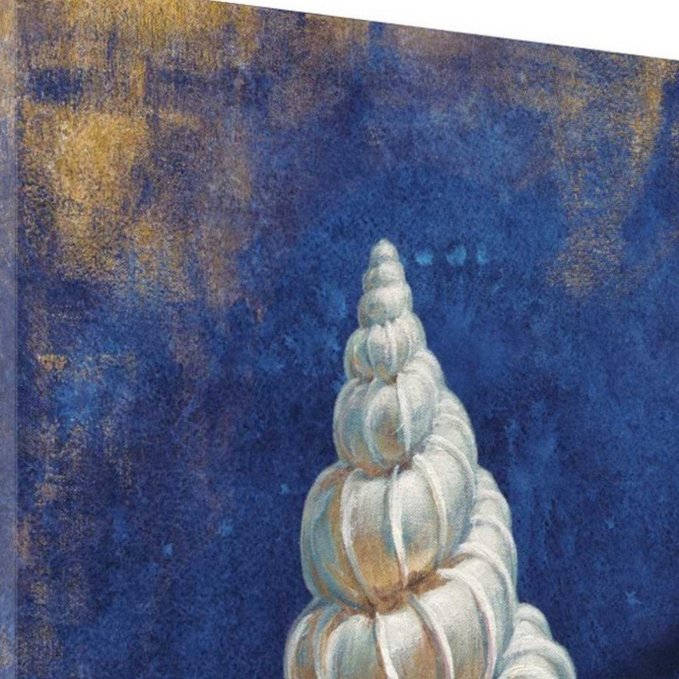 35" Rustic Deep Blue and Gold Shell Giclee Wrap Canvas Wall Art