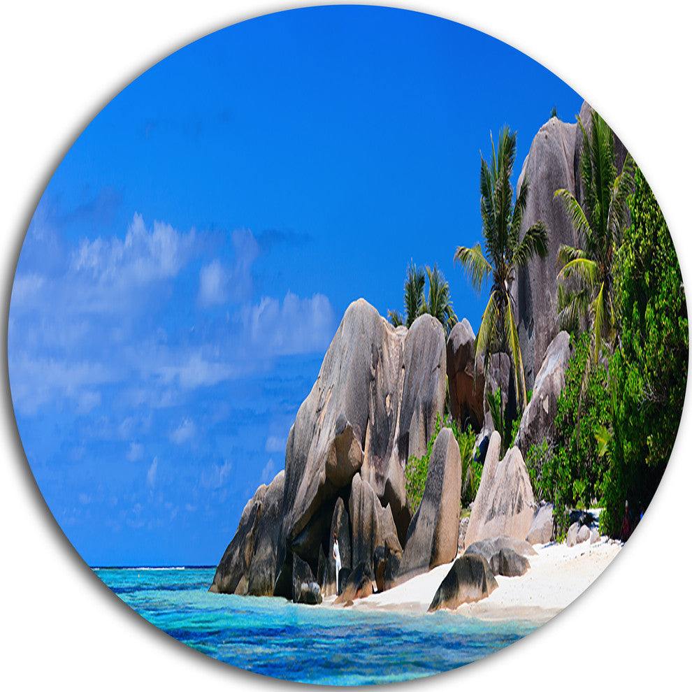 Seychelles Beach Panorama, Landscape Photo Round Metal Wall Art, 23"