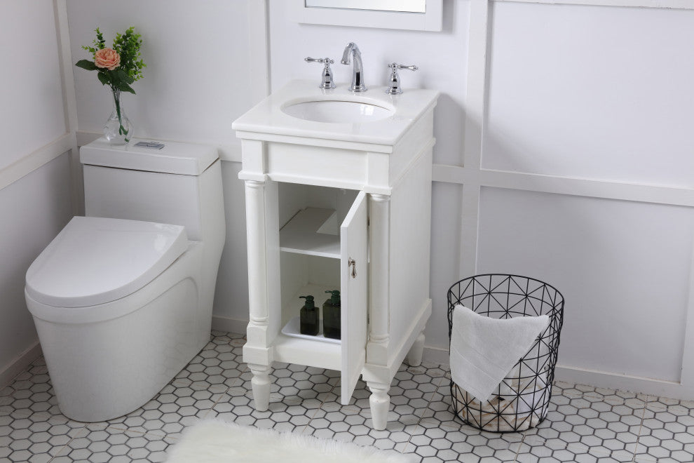 18" Single Bathroom Vanity, Antique White With Ivory White Engineered Marble