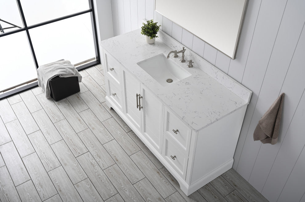 Vanity Art Bathroom Vanity With Sink & Top, White, 60", Engineered Marble