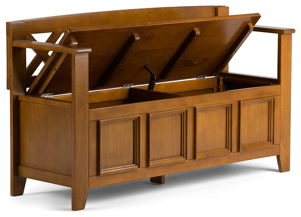 Transitional Storage Bench, X-Back & Safety Hinge Lid Seat, Light Avalon Brown
