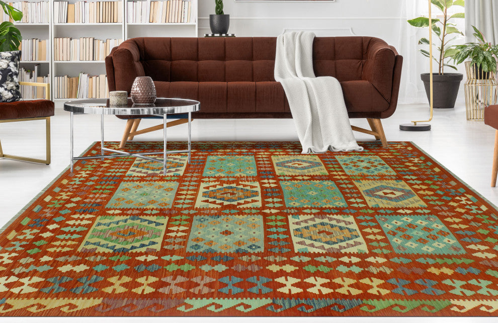 Sangat Kilim Danagul Rust/Green Rug, 8'0x9'6