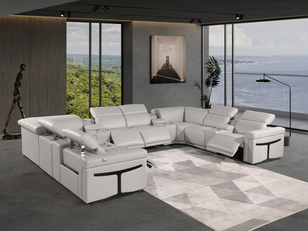 GIOVANNI 12-Piece, 4-Power Reclining Italian Leather Sectional, Light Gray