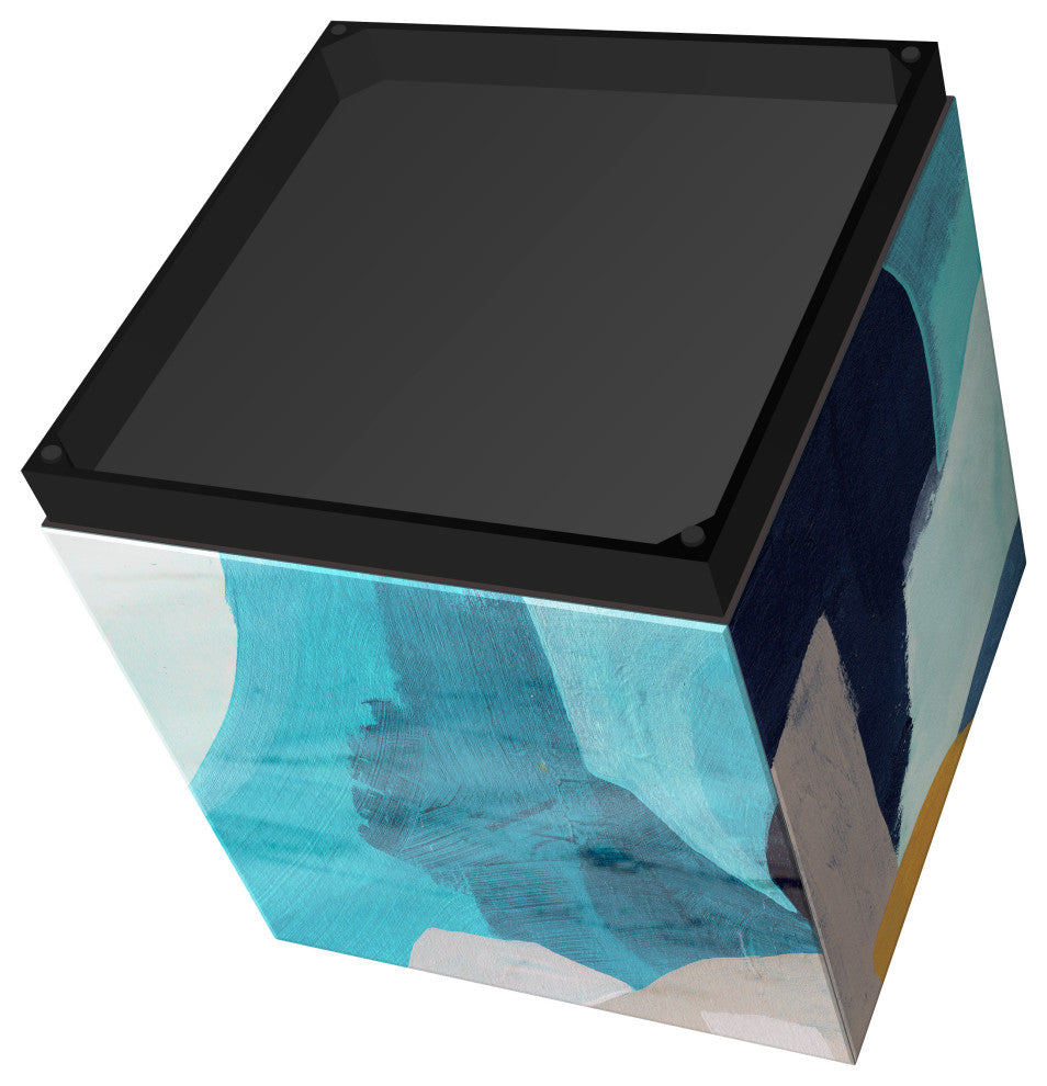 "Puzzle Blues II" Reverse Printed Art Glass Side Table with Black Plinth Base