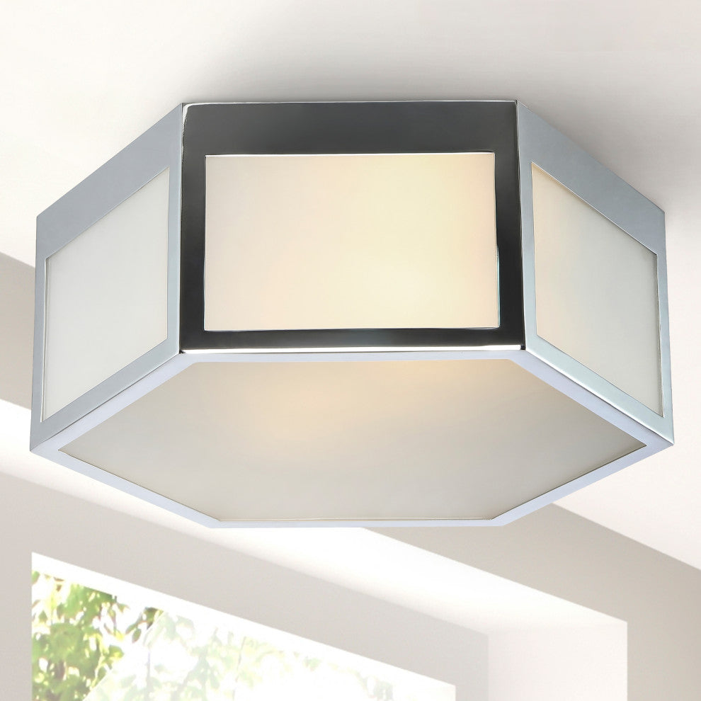 Minimo Hexagon Metal and Frosted Glass LED Flush Mount, Chrome, Width: 13"