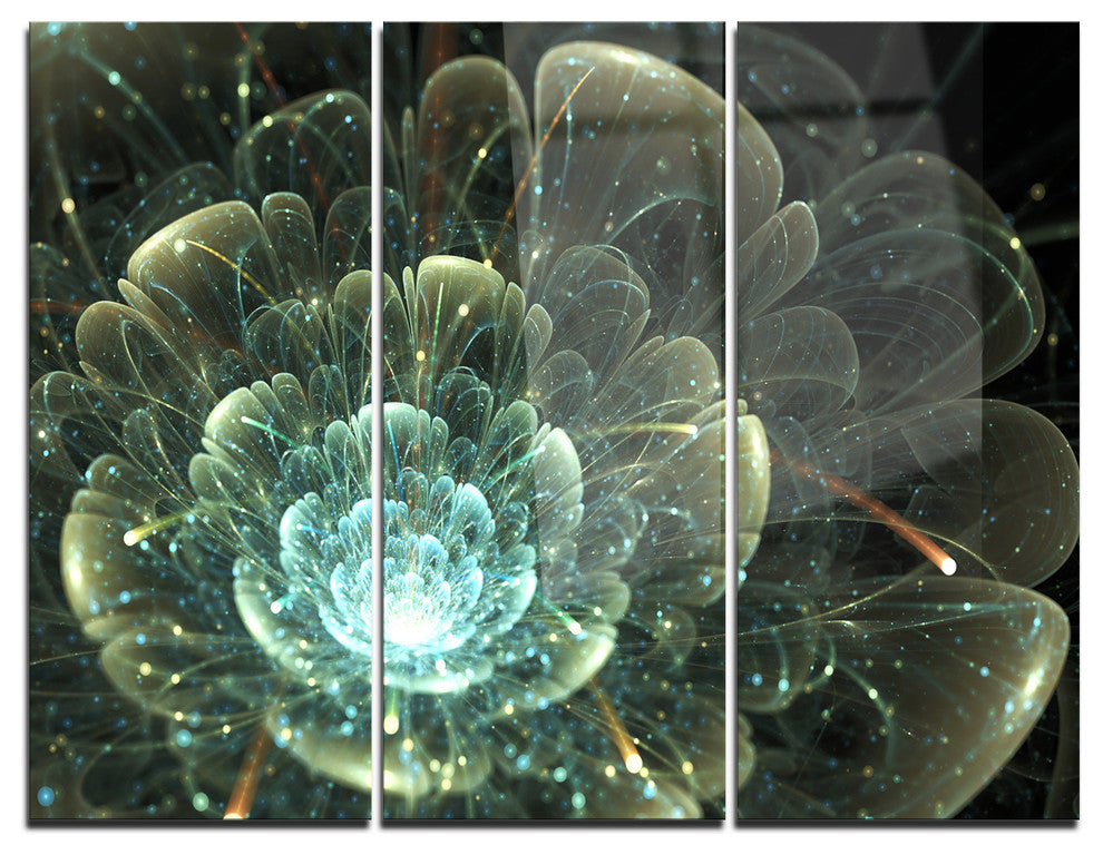 "Fractal Flower Blue and Gray" Digital Metal Wall Art, 3 Panels, 36"x28"