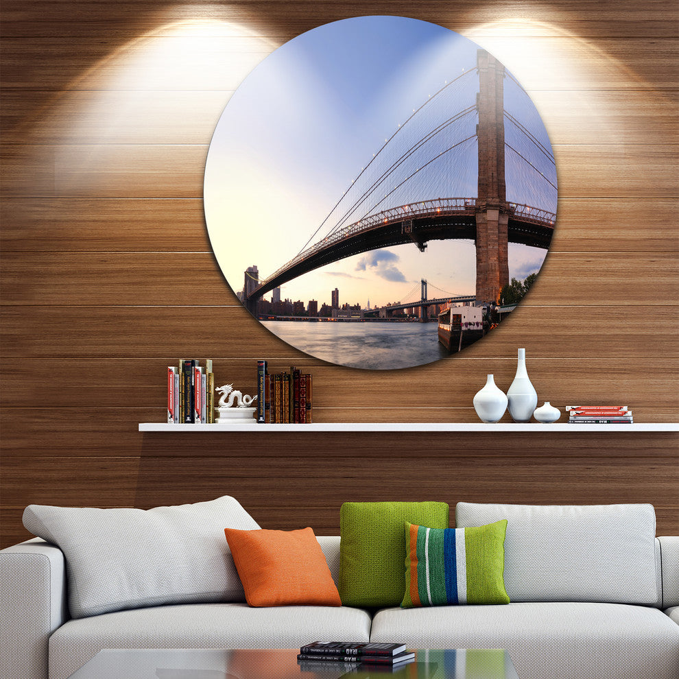 Brooklyn Bridge In New York City, Cityscape Disc Metal Wall Art, 23"