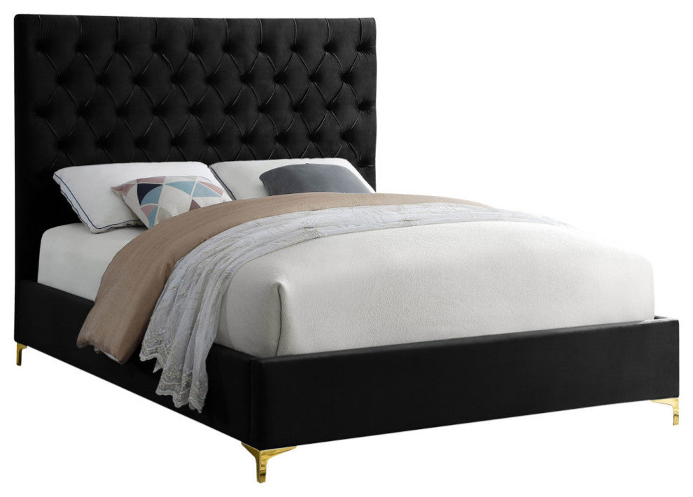 Cruz Velvet Upholstered Bed, Black, Full