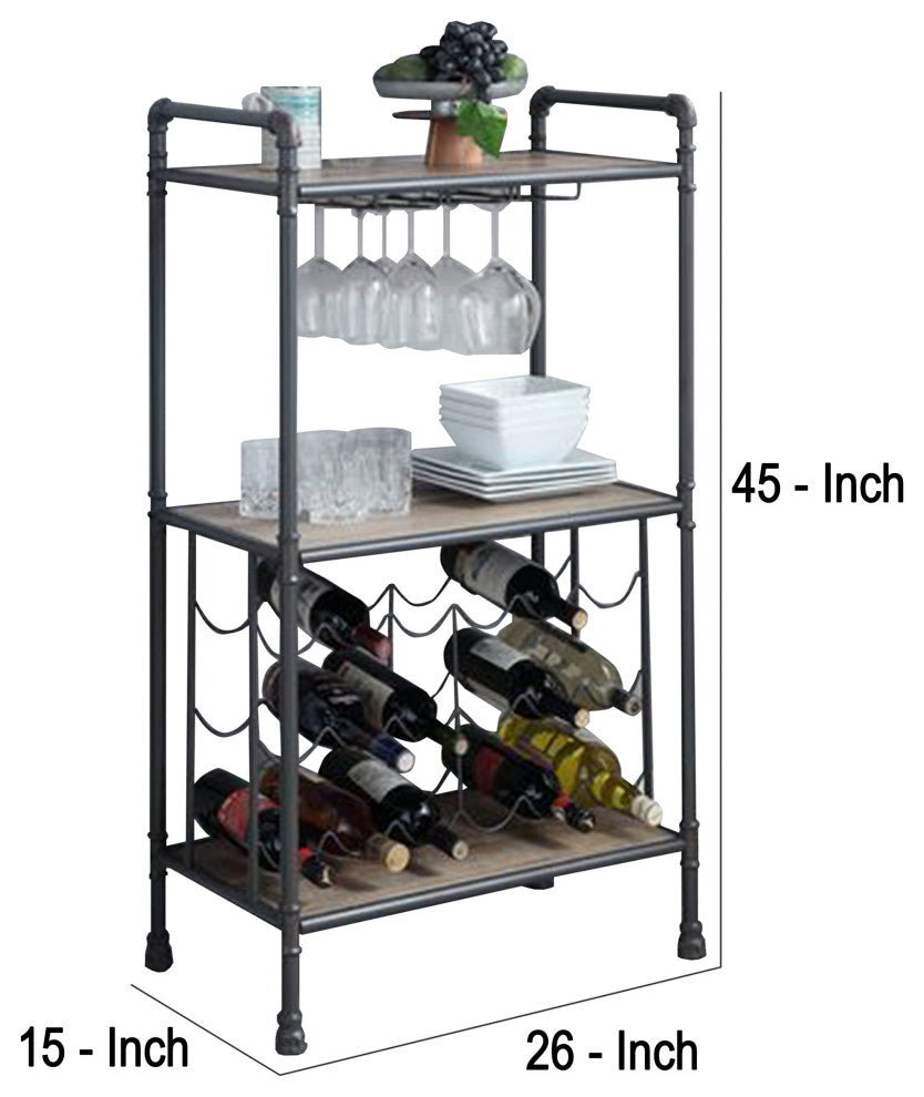 Benzara BM269552 Wine Bottle Rack With 2 Tier Shelves and Metal Frame, Gray