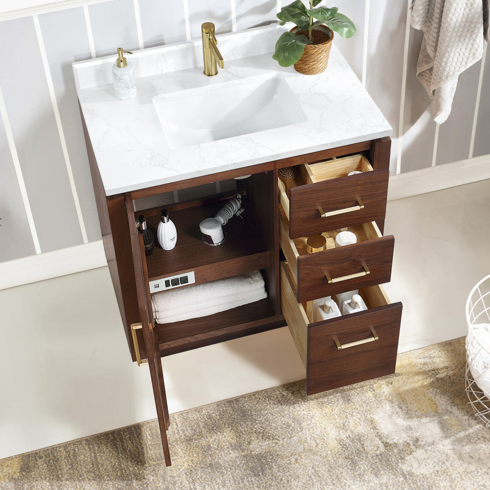 San Bath Vanity with Stone Top, Natural Walnut, 36", Single Vanity, With Mirror