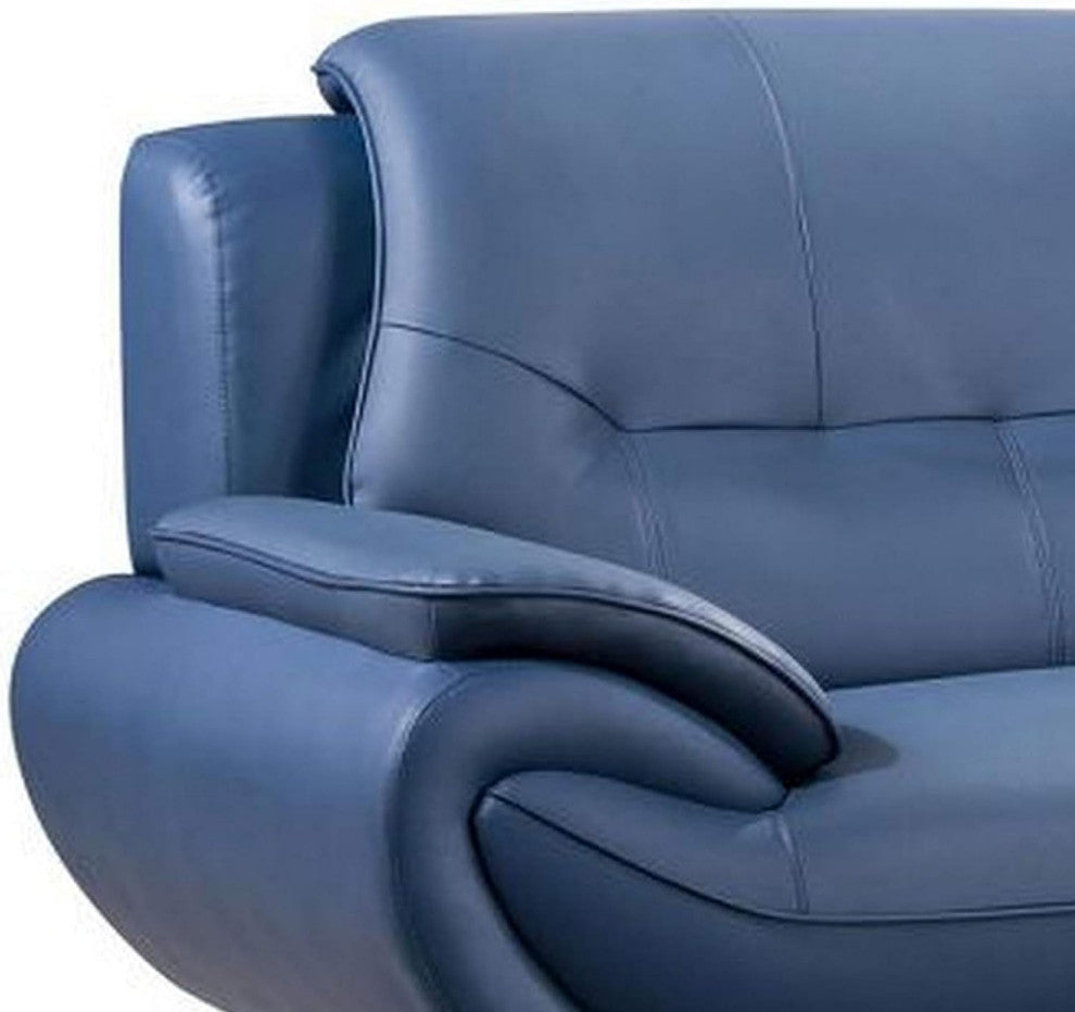 Benzara BM226686 Faux Leather Sofa With Curved Back and Pillow Top Armrest, Blue