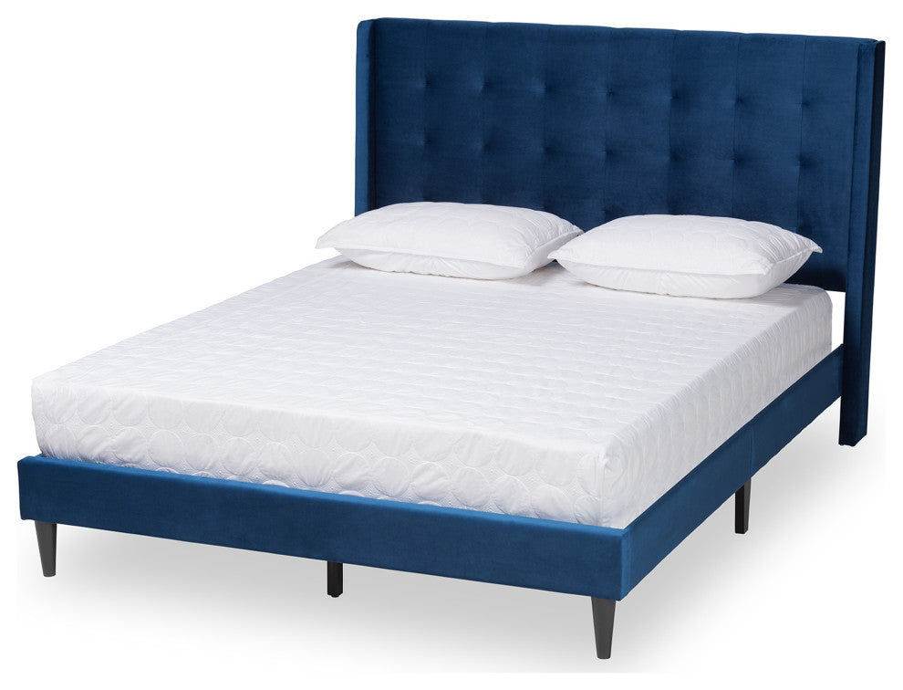 Violeta Modern Velvet Upholstered Platform Bed, Navy Blue/Dark Brown, Queen