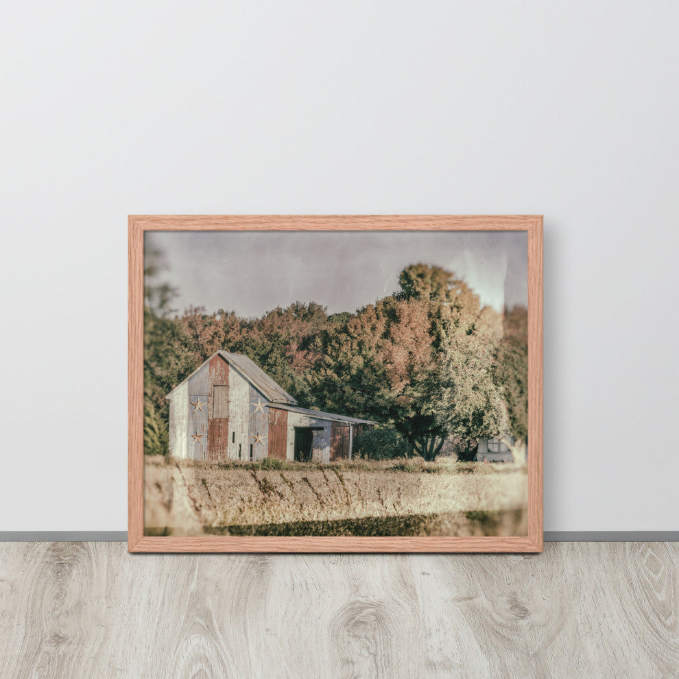 Patriotic Weathered Barn in Field Glass Plate Framed Photo Paper Wall Art Prints, Red Oak, 16" X 20"