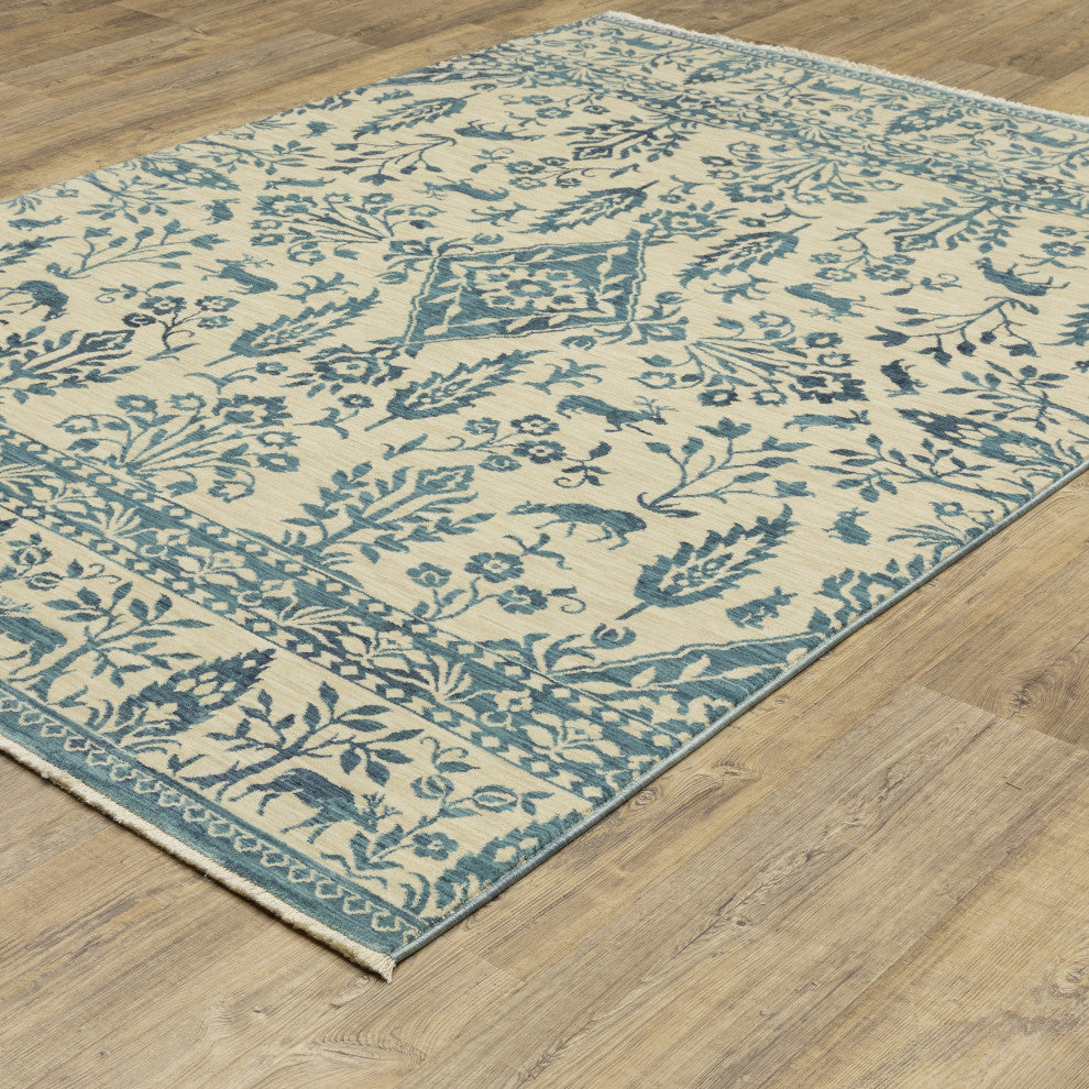 Fabienne Bordered Botanical Indoor Ivory/Blue Area Rug, Ivory, 5'3"x7'6"