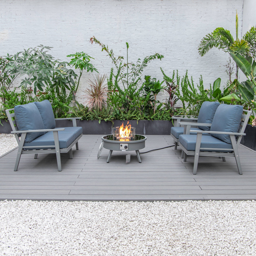 LeisureMod Walbrooke Grey Patio Sofa Set With Round Fire Pit Table, Navy Blue
