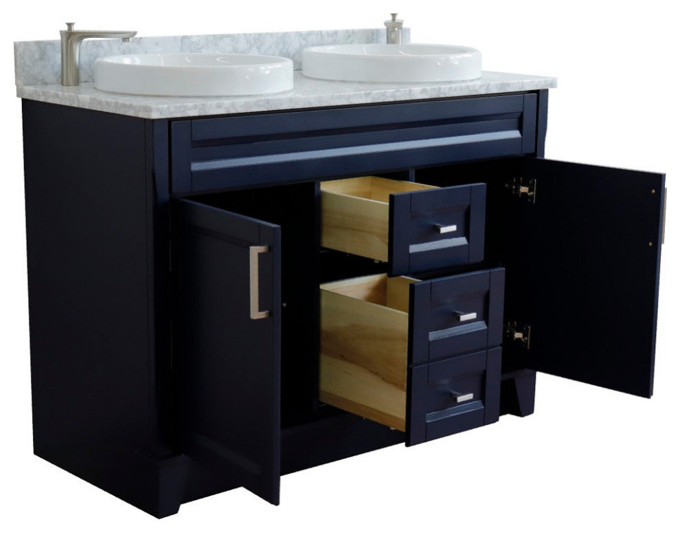 48" Double Sink Vanity, Blue Finish With White Carrara Marble And Round Sink