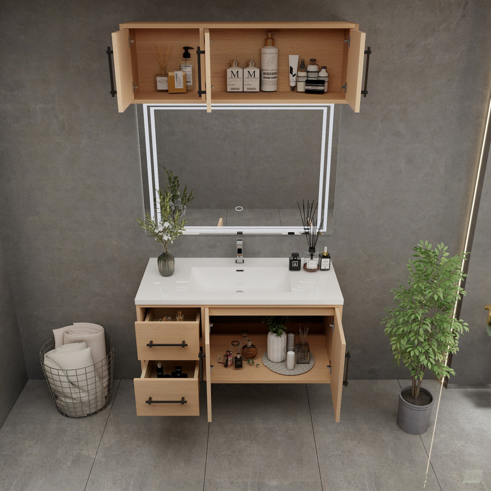 Victoria 42" Solid Wood Bath Vanity, Overhead Cabinet, Yellow Oak