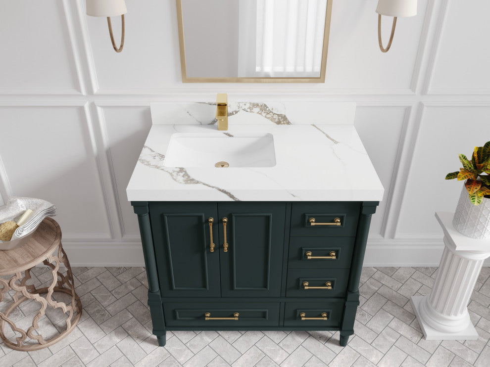 Aberdeen 36 Left Offset Bath Vanity in Dark Forest Green 2" Calacatta Gold