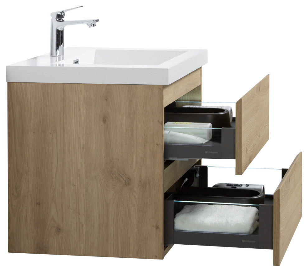 Aurora Wall Mount Vanity, White Acrylic Top, Sonoma Oak, 30"