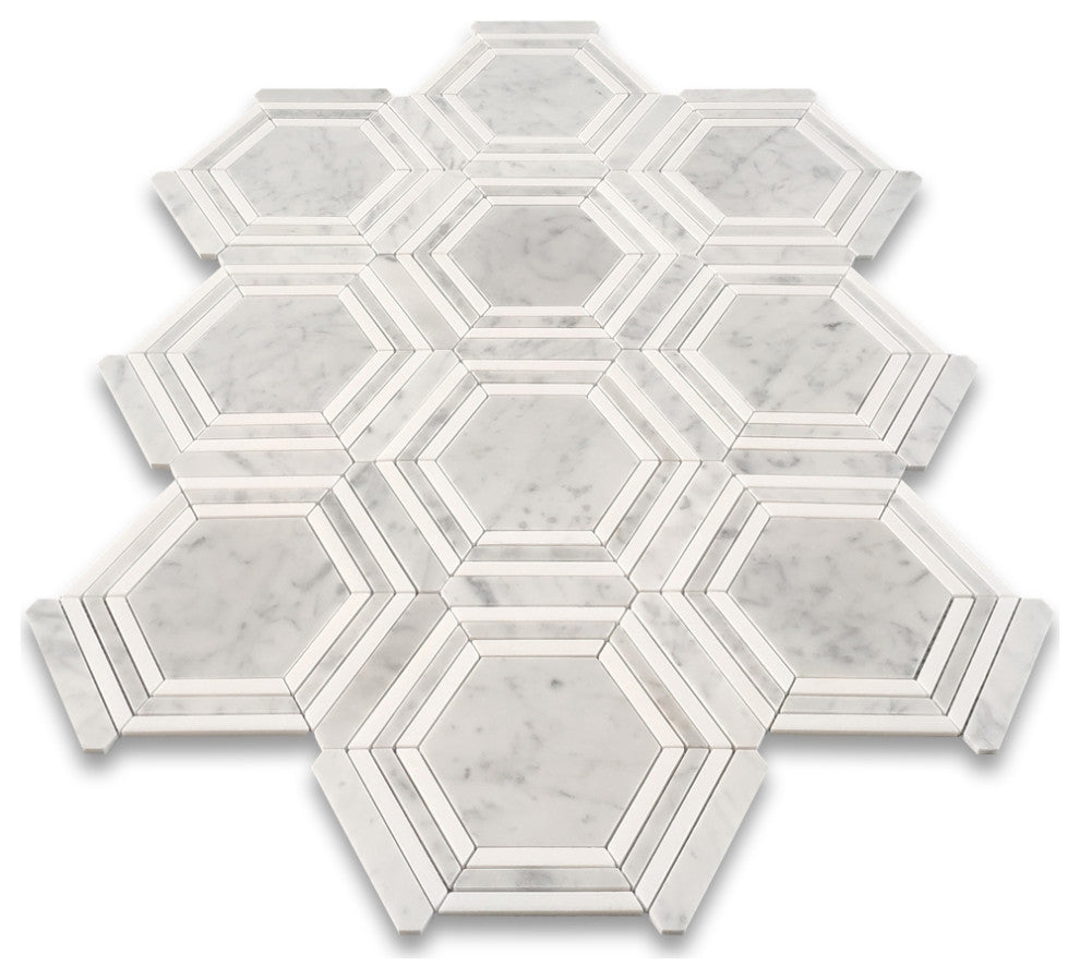 Carrara White Marble 5" Hexagon Georama Tile Thassos Strip Polished, 1 sheet