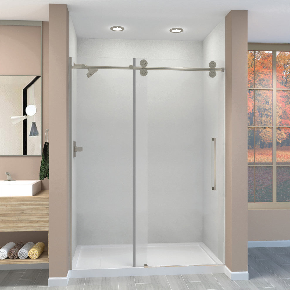 Teegan Sliding Shower Door, Fixed, Clear Glass, Brushed Stainless, Sabrina