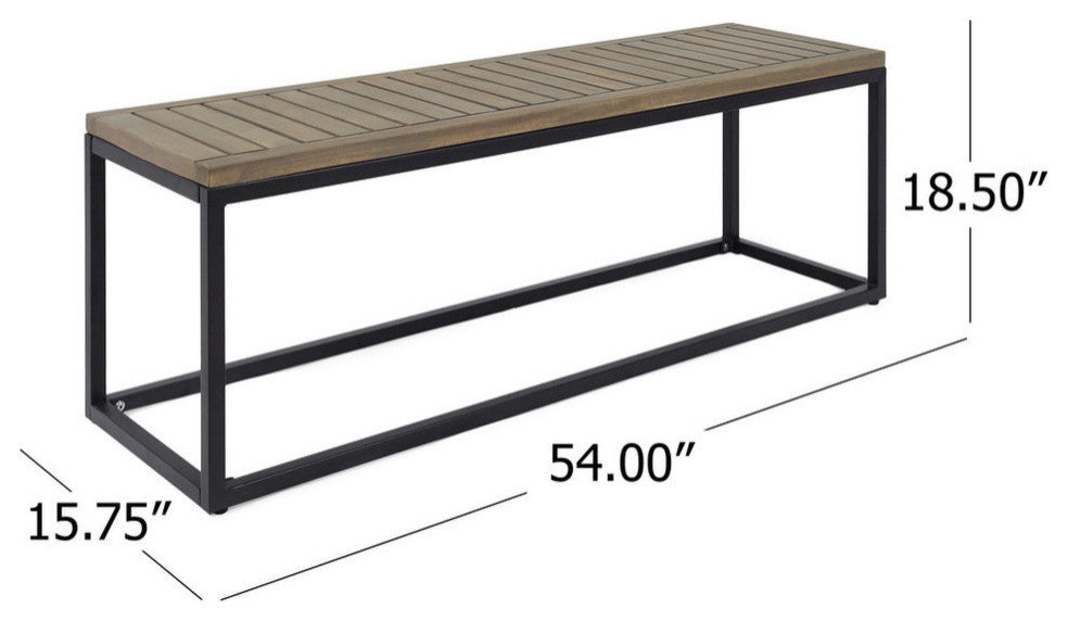 GDF Studio Drew Outdoor Industrial Acacia Wood and Iron Bench, Gray Finish