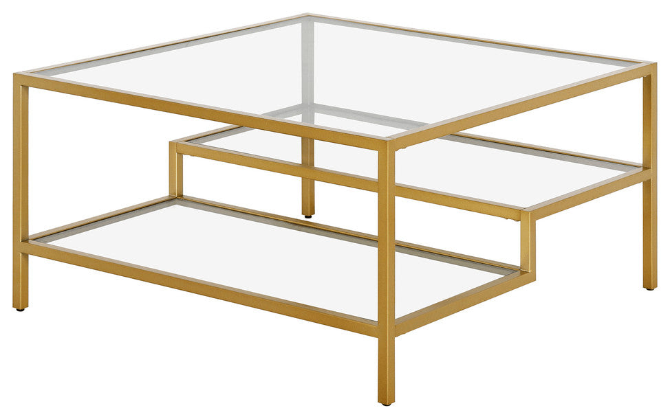 32" Gold Glass And Steel Square Coffee Table With Two Shelves