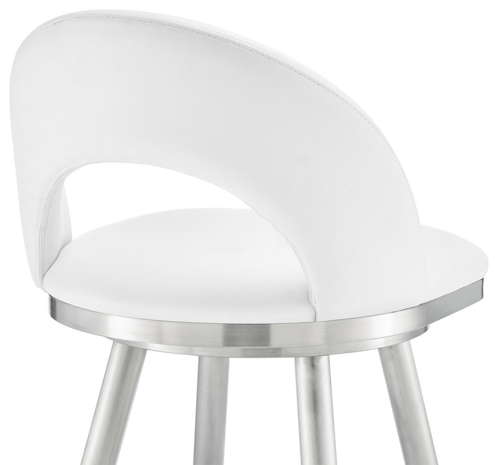 Lottech Swivel Bar Stool, Brushed Stainless Steel With Faux Leather, White