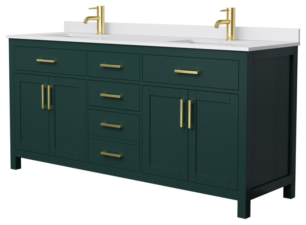 72"DBL Bathroom Vanity, Green, White Cult. Marble Countertop, Sinks, Gold Trim