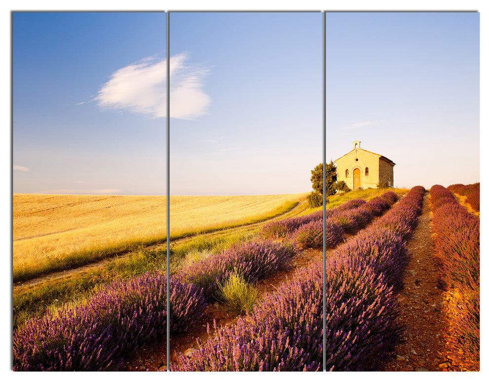 Grain Fields with Lavender Rows, Landscape Canvas Wall Art, 36x28, 3 Panels