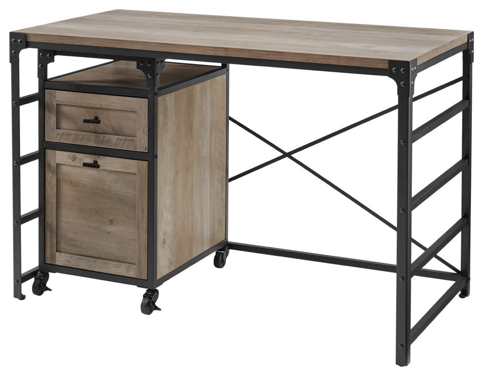 48" Angle Iron Desk with Filing Cabinet Cabinet - Grey Wash