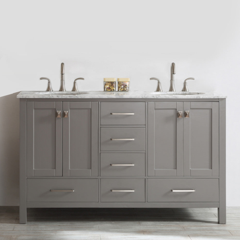 60" Double Vanity in Grey with Carrara White Marble Countertop Without Mirror