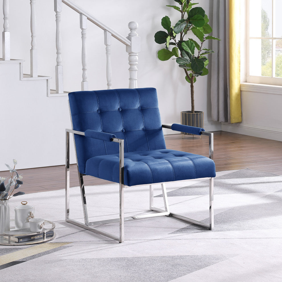 Louie Modern Arm Chair with Silver Frame, Navy Blue