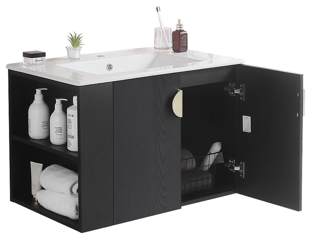 30 Inches Plywood Wall-Mounted Bath Vanity Set, Integrated Ceramic Sink, Black
