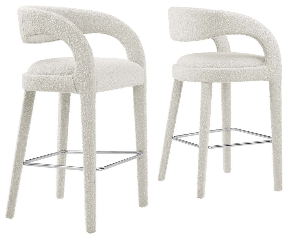 Pinnacle Boucle Upholstered Bar StoolSet of 2, Ivory Silver