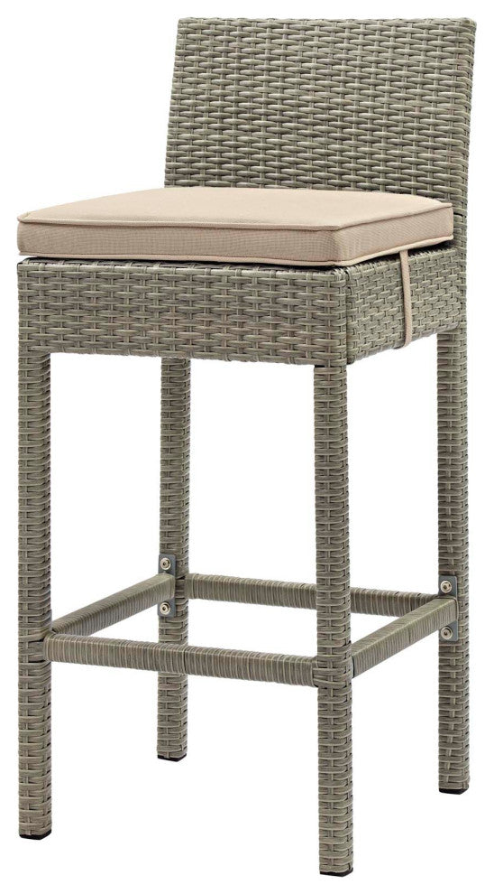Contemporary Outdoor Patio Bar Stool Chair, Set of Two, Fabric Rattan, Beige