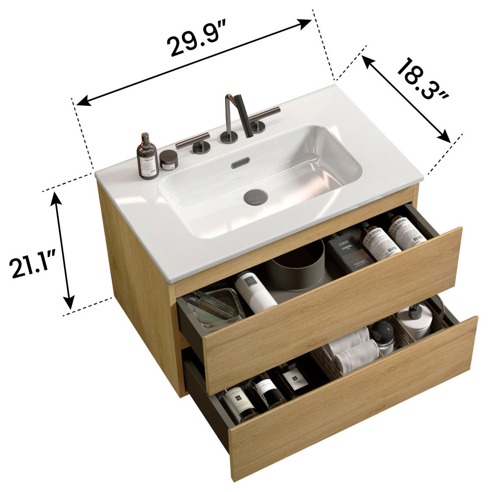 Wall-Mounted Bathroom Vanity Set with Ceramic Sink with three faucet holes, Oak, 30"