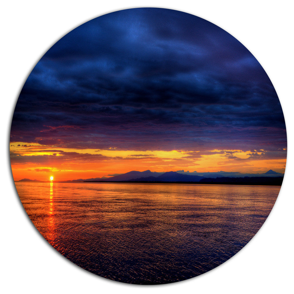 Blue Cloudy Sky And Setting Sun, Seashore Large Disc Metal Artwork, 23"