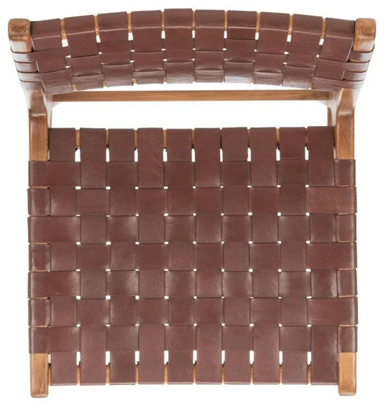 Set of 2 Woven Leather Dining Chairs with Sungkai Wood Frame, Cognac/Natural