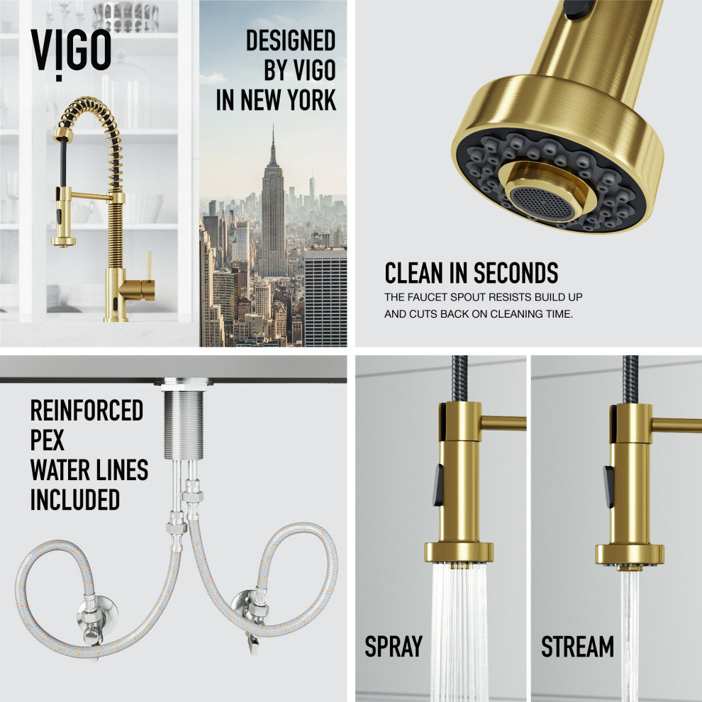 VIGO Edison 19" H Single Handle Pull-Down Sprayer Kitchen Faucet, Matte Brushed Gold, Touchless, Without Extras