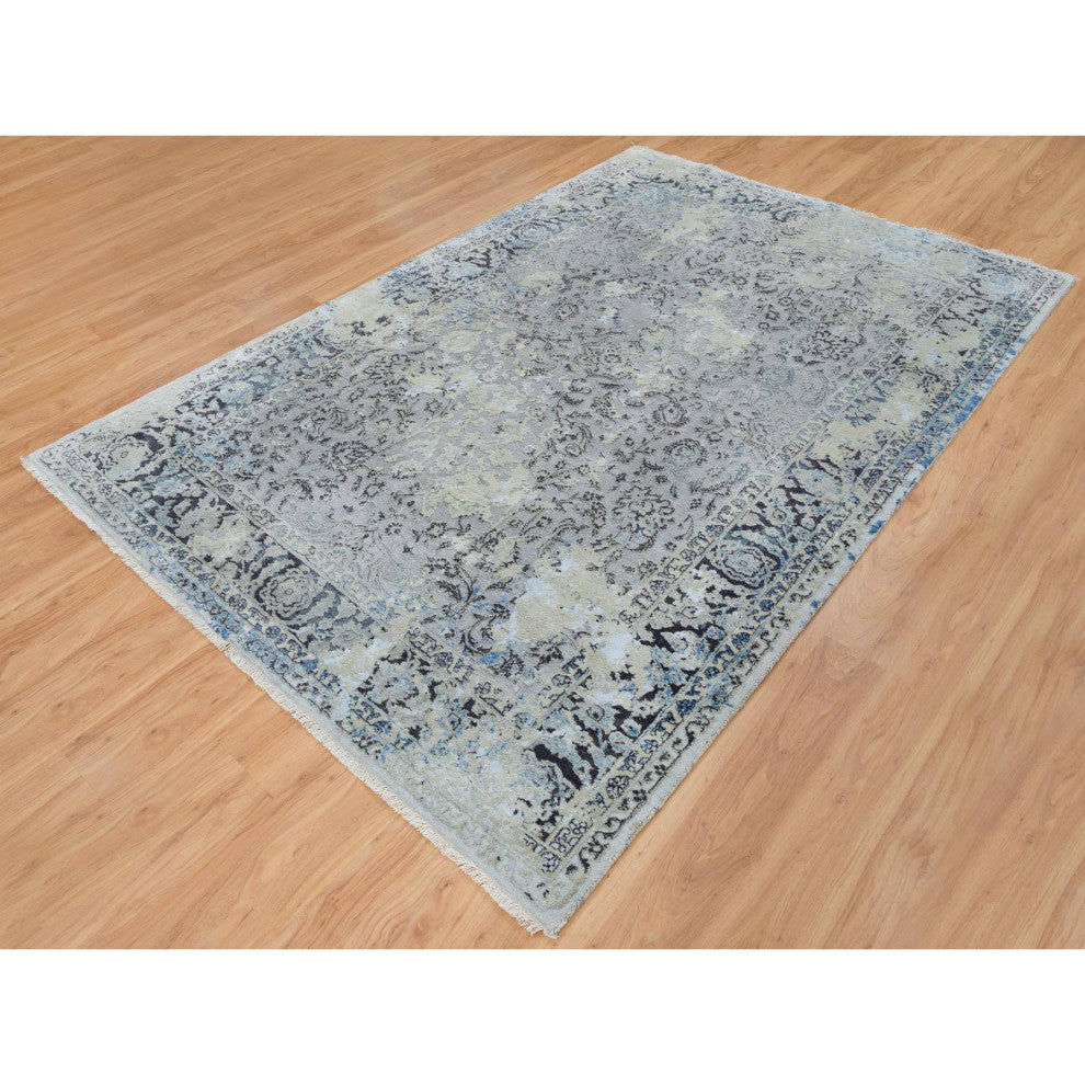 Light Gray Pure Silk With Wool Hand Knotted Broken Kashan Design Rug, 6'0"x9'0"